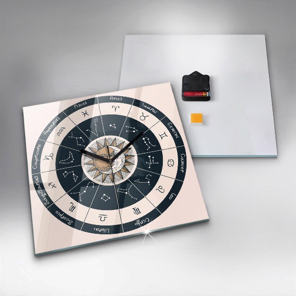 Skleněné nástěnné hodiny Souhvězdí zvěrokruhu na modrém pozadí