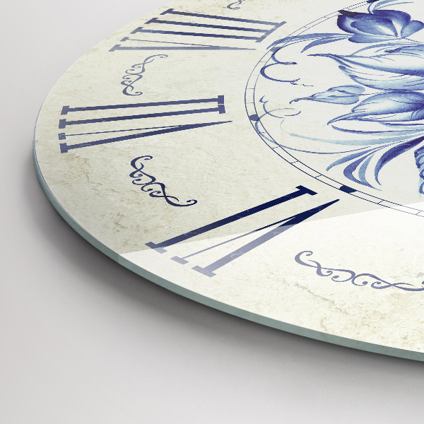 Kulaté skleněné hodiny Modré květy